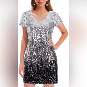 Maner Sequin Glitter Short Sleeve Dress V Neck Mini Party Club Bodycon Size XL